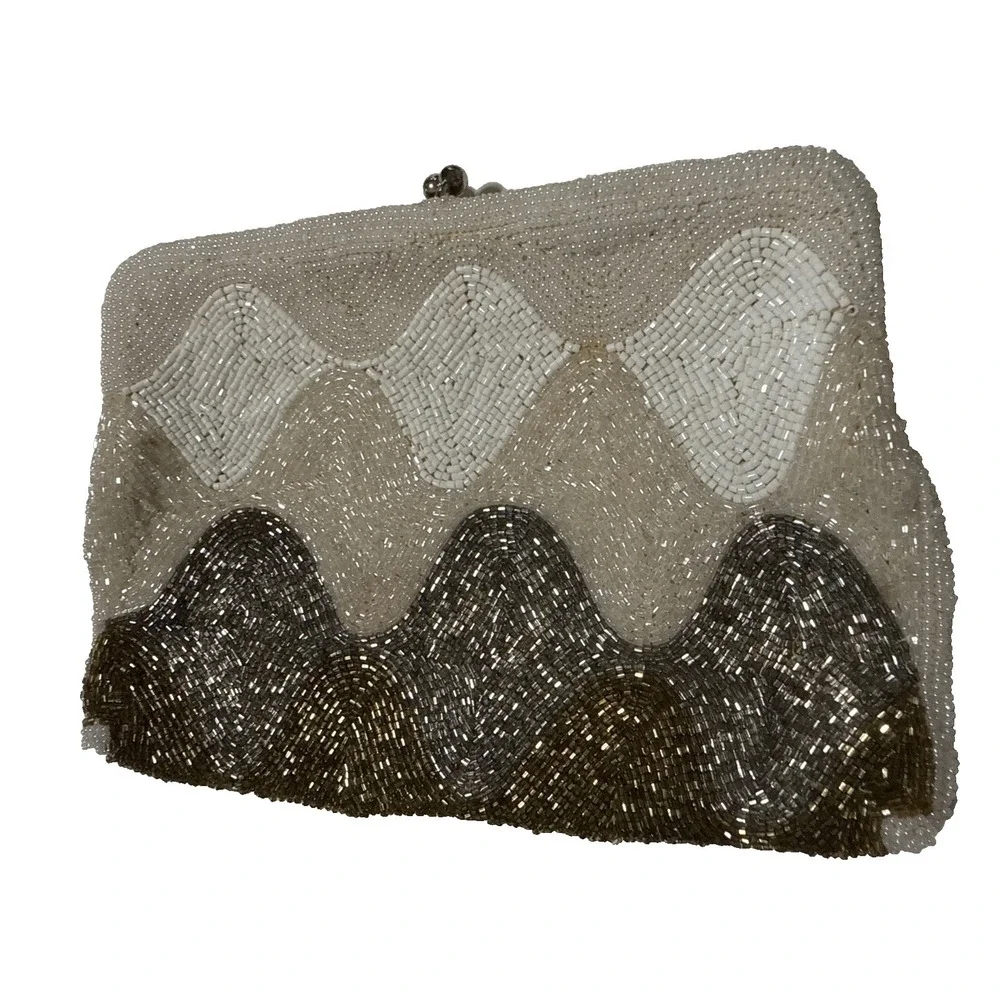 Vintage Prom Beaded Clutch Purse Wavy‎ Pattern Metallic Shimmer Glass Seed Beads